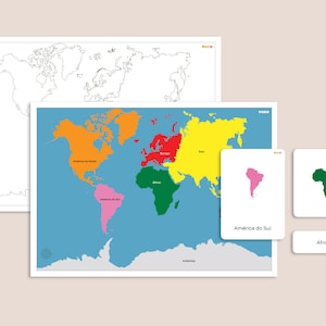 CONTINENTEN KAARTEN, Montessori kaarten, Montessori Globe kleurcode, Portugese taal, Aardrijkskunde activiteit voor kinderen, Digitale bestanden om af te drukken