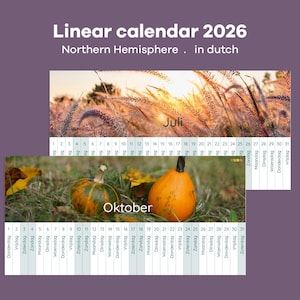 Pode incluir: Um calendário linear para 2026 em holandês, com os meses de julho e outubro. O calendário inclui imagens de um pôr do sol sobre a erva alta e abóboras. O texto "Linear calendar 2026 Northern Hemisphere in dutch" é exibido.