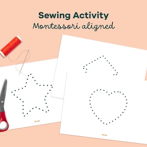 Pode incluir: Um conjunto de atividades de costura com o texto "Sewing Activity Montessori aligned". Inclui uma estrela, um coração e uma forma de casa com linhas pontilhadas para costurar. Também inclui um carretel de linha vermelha, uma agulha e tesouras com cabo vermelho.