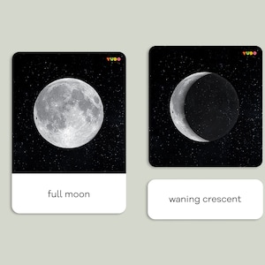 Tarjetas de FASES DE LA LUNA de ciencia para niños, tarjetas de nomenclatura Montessori, aprendizaje en el hogar, cartas de juego, juguetes Montessori, descarga instantánea