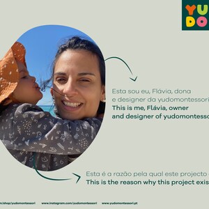 May include: A woman and a child are hugging on a beach. The woman is smiling and the child is looking at the camera. The text "This is me, Fl&aacute;via, owner and designer of yudomontessori" is written below the image. The text "This is the reason why this project exists" is written below the text.