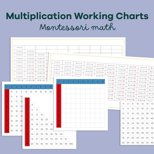 May include: A collection of multiplication working charts for Montessori math. The charts are white with black text and red and blue accents. The charts display multiplication tables and equations, designed for educational purposes.