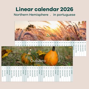 Puede incluir: Calendario lineal 2026 en portugués para el hemisferio norte. El calendario presenta imágenes de hierba alta al atardecer y calabazas en un campo. Se muestran los meses de julio y octubre.