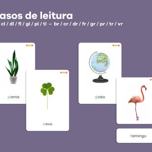 20 Reading case cards in Portuguese, Portuguese language grammar, Phonogram reading cards, Montessori 3 part cards for elementary, Phonetics
