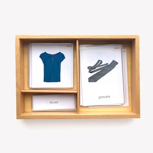 VESTITI, Carte Montessori, Flash Cards, Carte in tre parti, Carte di nomenclatura, Materiale didattico, Stampabile, portoghese e inglese