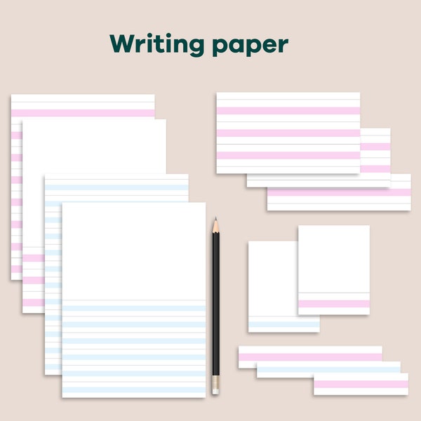 PAQUETE Práctica de escritura a mano de papel de escritura rayado, papel de línea ancha rosa Montessori, papel de línea delgada azul, papel de hoja de trabajo de práctica de escritura
