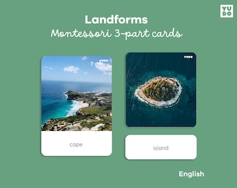May include: Two rectangular Montessori 3-part cards labeled Landforms on a green background. The left card shows a coastal cape with blue water and the text cape. The right card shows an aerial view of an island and the text island.