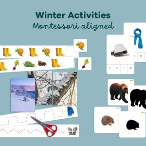 Pode incluir: Coleção de atividades Montessori com tema de inverno. Inclui imagens de patins de gelo, um cachecol azul, um urso, um ouriço e cenas de inverno. O texto diz "Winter Activities" e "Montessori aligned".