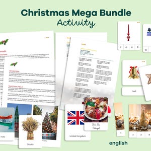 Christmas Mega Bundle activities, Montessori 3part-cards, counting clip cards, numerical puzzles and Christmas traditions and desserts