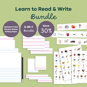 Pode incluir: Um pacote Learn to Read & Write com cartazes do alfabeto, tiras fonéticas e papel de escrita. O conjunto inclui folhas com linhas cor-de-rosa e azuis, um lápis preto e cartões que exibem letras emparelhadas com imagens de animais.