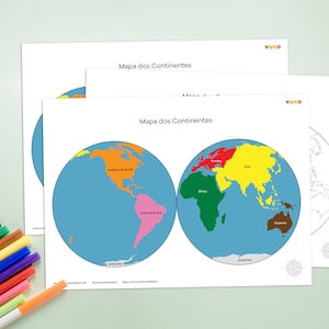 CONTINENTENKAART Halfrond, Montessori Globe kleurcode, Wereldkaart, Geografie-activiteit op thuisschool, Werkblad Aardrijkskundestudie, Hulpbron voor docenten