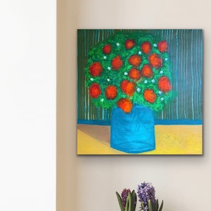 I’m so glad you’re here, abstract art, vase of flowers oil pastel, ink and acrylic painting on 50x50 cm box canvas