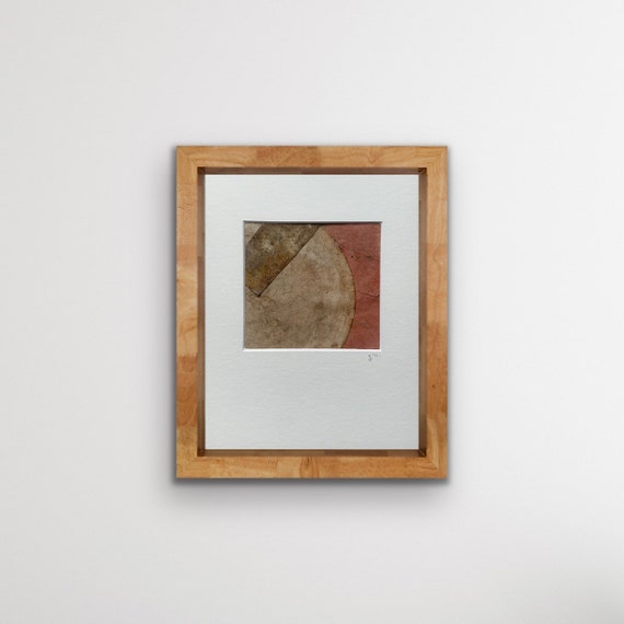 abstract art mini, sun kissed collaged paper botanical ink, acrylic paint on cardboard 11x11 cm mounted on 22x17 cm card