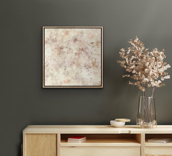 Abstract art, bird song, charcoal and pigment marks, flower dyed Irish linen adhered to wooden panel 54x54 cm framed