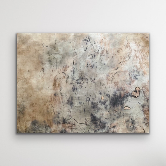 Abstract art, out of the darkness, charcoal and pigment marks, botanical ink on flower dyed Irish linen adhered to wooden panel 24x16 inches
