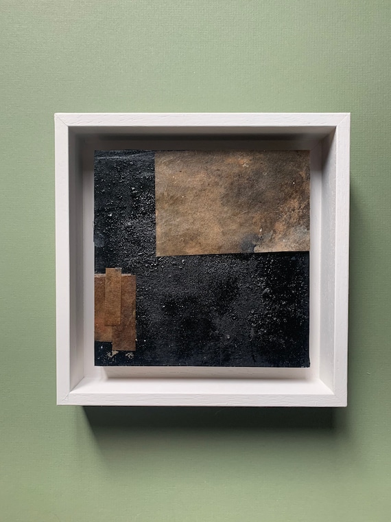 Original Botanical Ink Collage, Homemade Inks Charcoal Texture, Off White Float Frame, Dark Neutral Abstract Wall Art, 19x19cm