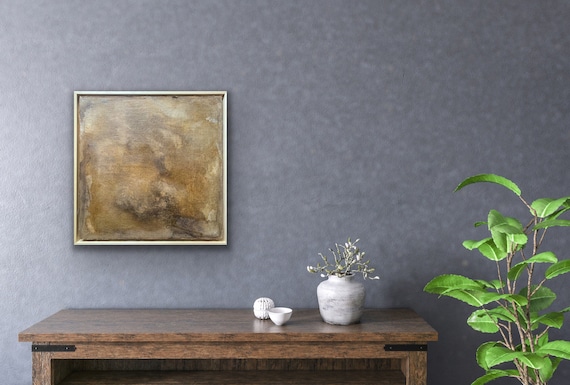 Contemplation art collage botanical ink, acrylic paint and texture on paper and linen adhered to a wooden panel natural frame 54x54 cm