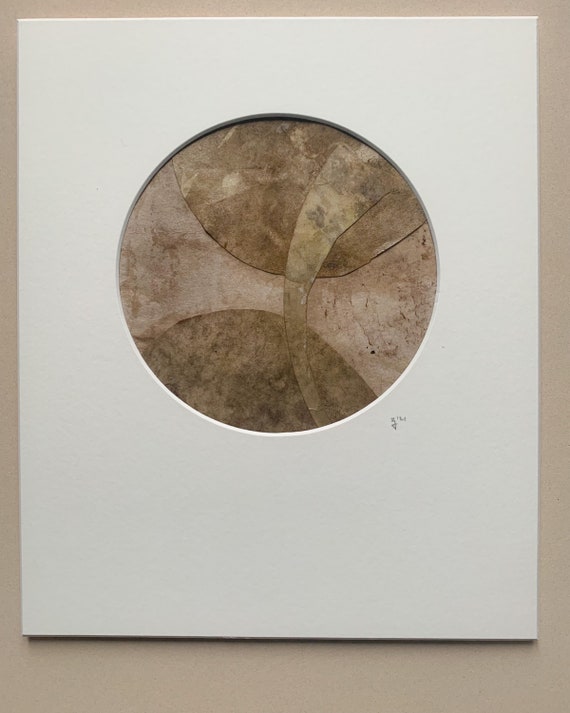 Original Botanical Ink Circle Art, Walnut Coffee Ink on Recycled Cardboard, Handcrafted Mount, Unique Wall Art, 30x25cm