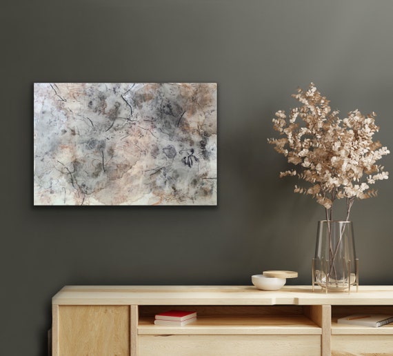 mixed emotions, abstract art, botanical ink charcoal and pigment marks on flower dyed Irish linen adhered to a wooden panel 30 x 20 inches