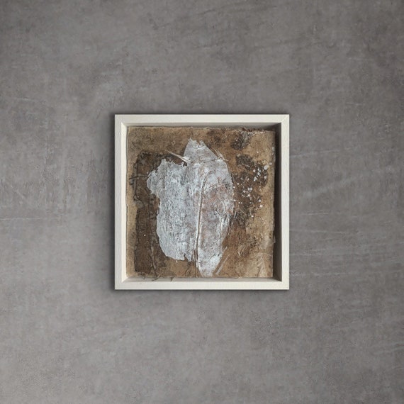 First signs of spring III collage botanical ink, acrylic paint, texture on paper and linen adhered to a wooden panel white frame 18x18 cm