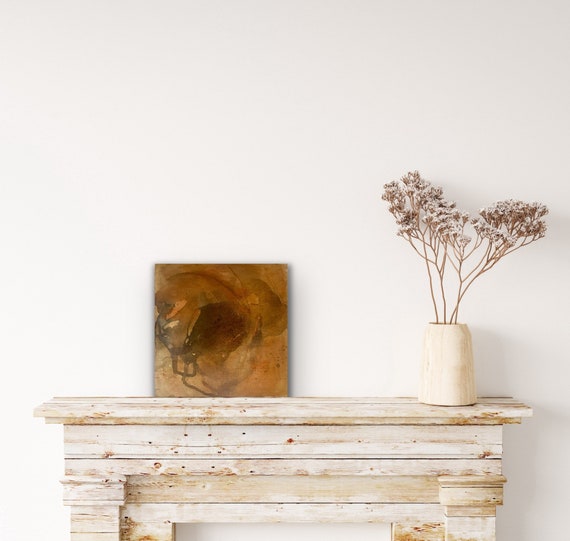 Original Oil Pastel Acrylic Painting, Warm Amber Abstract Canvas Art, Grounding Nature Series, 12x12 inch, Unframed