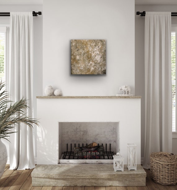 The more you want, the less I give… 60x60cm textured neutral and gold acrylic painting on box canvas