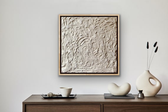 Festival textured minimalist cream white grey abstract art acrylic paint and texture adhered to wooden panel framed natural 54 x 54 cm