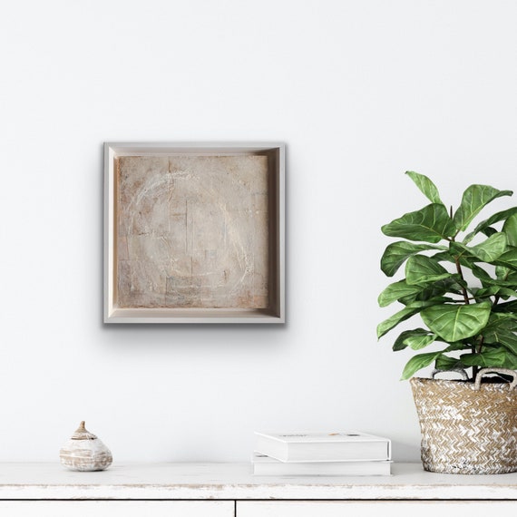 Abstract artwork, Perfectly imperfect  collage paper botanical ink and acrylic paint and oil pastel on wooden panel in float frame 29x29 cm