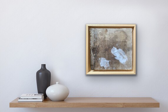 First signs of spring II collage botanical ink, acrylic paint, texture on paper and linen adhered to a wooden panel natural frame 24x24 cm