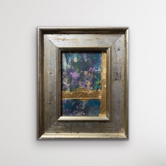 Original Framed Abstract Collage, Gold Leaf Acrylic & Ink, Distressed Silver Gold Frame, Ready to Hang, Deep Blue Purple Mixed Media Art