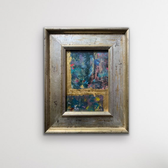 Original Framed Abstract Collage, Gold Leaf Acrylic & Ink, Distressed Silver Gold Frame, Ready to Hang, Teal Green Pink Mixed Media Art