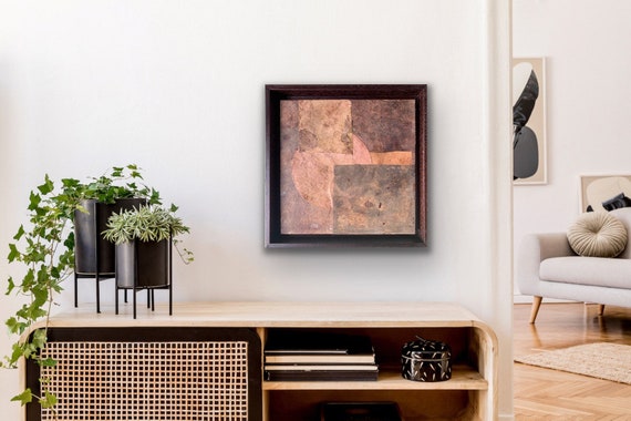 Abstract artwork, Afterglow collage paper botanical ink and acrylic paint on wooden panel in float frame 29x29 cm