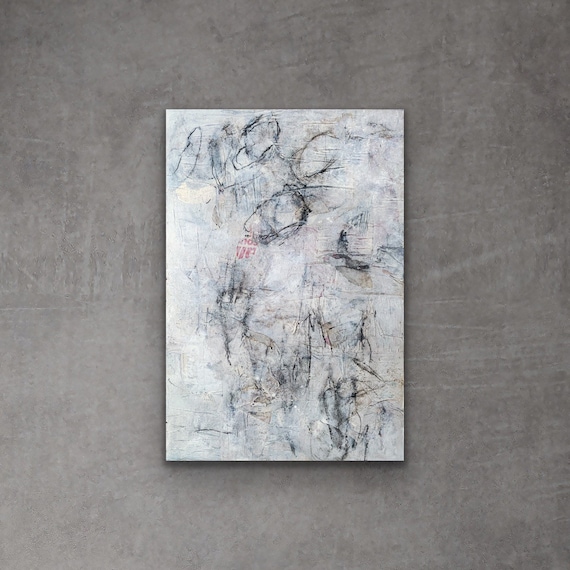 What I’m trying to say is an abstract artwork charcoal marks and acrylic paint on paper adhered to wooden panel 76 x 50 cm