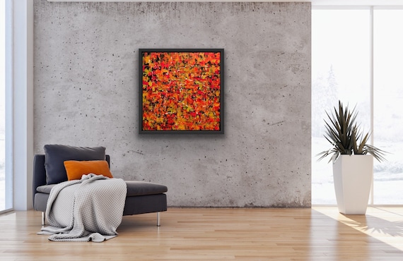 Framed abstract art, Palette cleanser, bright orange and yellow acrylic painting on 70x70 cm stretched canvas