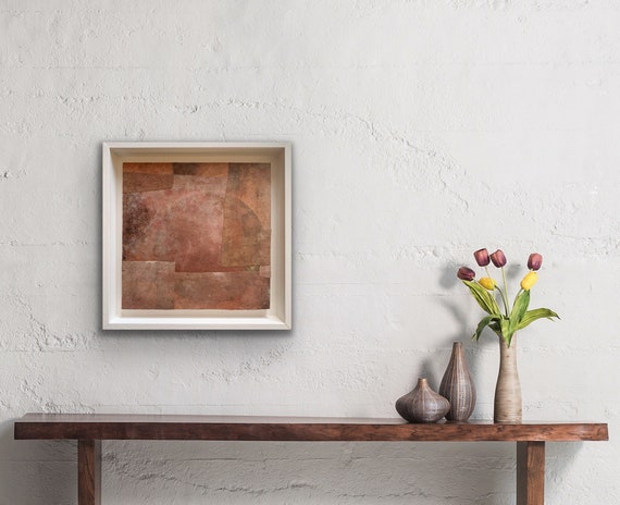 Abstract artwork, The sunset stills my beating heart collage paper botanical ink, acrylic paint on wooden panel in float frame 24x24 cm