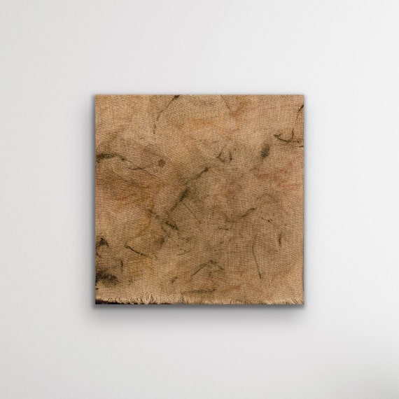 In the ether, abstract art, charcoal and pigment marks on coffee dyed Irish linen adhered to a wooden panel 15x15cm