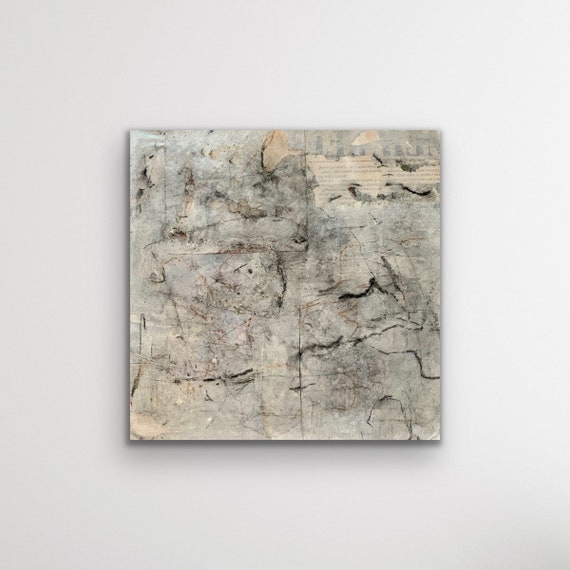 Abstract art, sooner or later charcoal, pigment, acrylic paint and coffee on paper adhered to wooden panels 25x25 cm