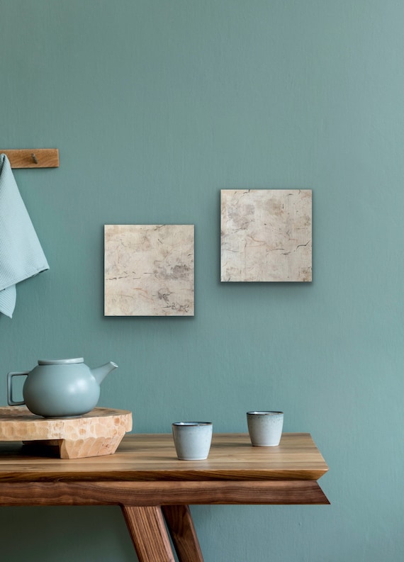 Abstract art, migration charcoal and pigment marks, flower dyed Irish linen adhered to wooden panels 30x30 cm diptych
