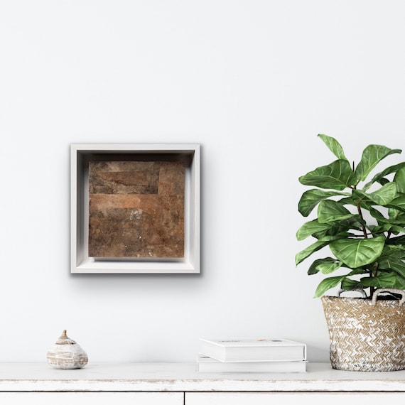 Abstract artwork, Your love echoes collage paper botanical ink and acrylic paint on wooden panel in float frame 19x19 cm