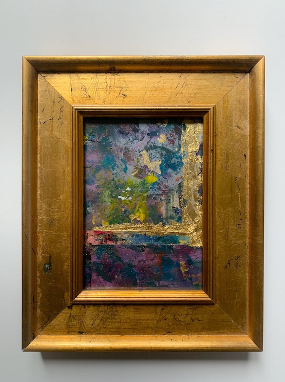 Original Framed Abstract Collage, Gold Leaf Acrylic & Ink, Distressed Gold Frame, Ready to Hang, Colourful Mixed Media Art