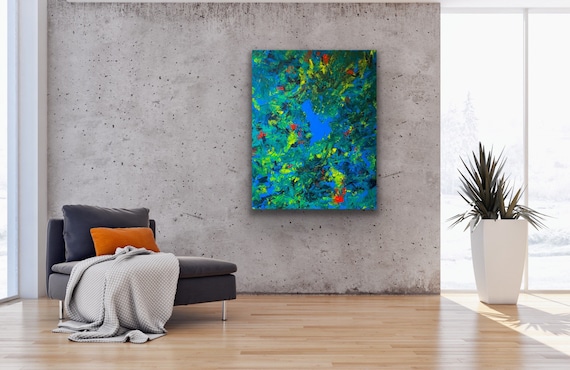 large botanical abstract art, Through the trees acrylic painting on 100x80 cm stretched canvas