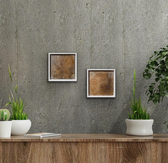 Hope in darker days artworks, diptych botanical ink and acrylic paint framed collaged paintings 18x18 cm each picture