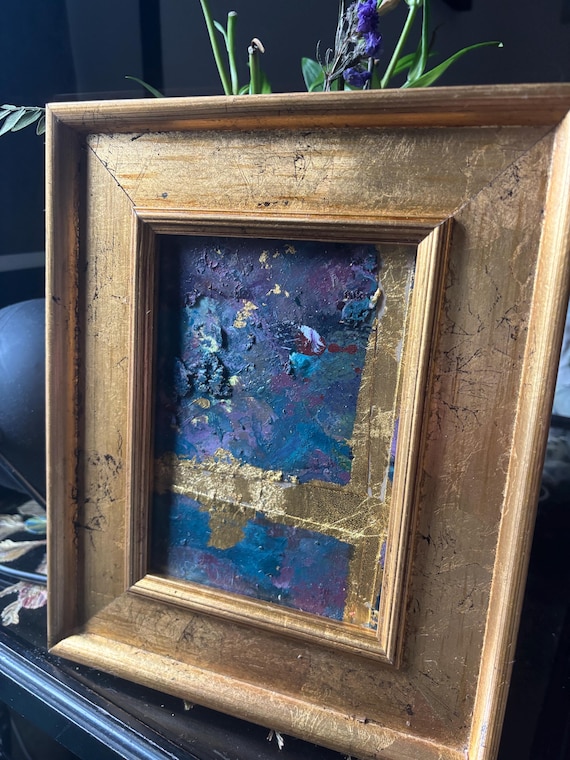 Original Framed Abstract Collage, Gold Leaf Acrylic & Ink, Distressed Gold Frame, Ready to Hang, Blue Purple Mixed Media Art