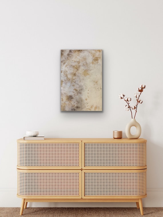 Last breath of winter abstract art piece, botanical ink, flower dyed linen adhered to a wooden panel 76cm x 50cm