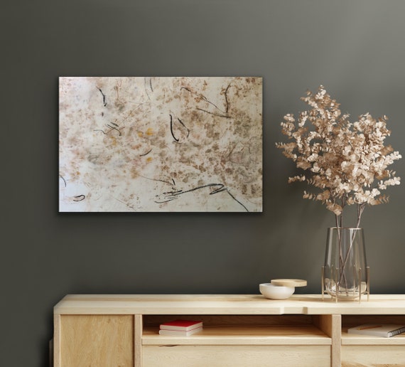 I see it in your eyes, abstract art, charcoal and pigment marks on flower dyed Irish linen adhered to a wooden panel 30 x 20 inches