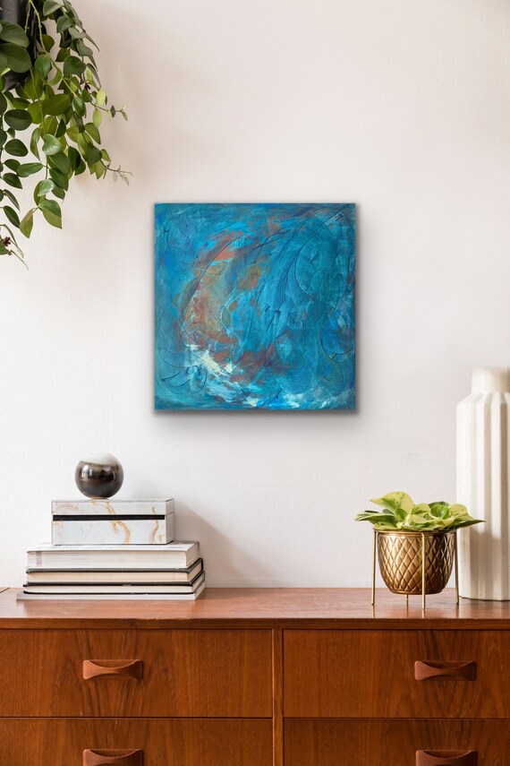 Original Escape Abstract Painting, Bold Blue Acrylic, Large Textured Canvas Wall Art, Unframed Statement Piece, 60x60cm