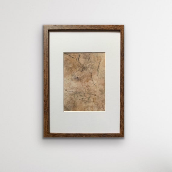 Artwork, the walk home coffee and pigment ink, charcoal and pigment marks on flower dyed linen  framed 32cm by 23cm
