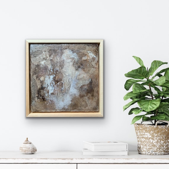 Woodland walk Collage botanical ink, acrylic paint, texture on paper and linen adhered to a wooden panel white frame 34x34 cm
