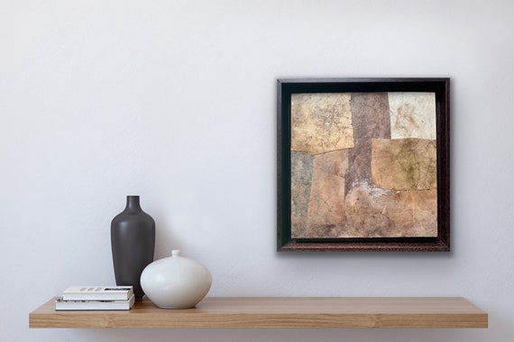 Abstract artwork, Freedom collage paper botanical ink and acrylic paint on wooden panel in float frame 29x29 cm