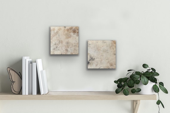 Abstract art, dawn chorus charcoal and pigment marks, flower dyed Irish linen adhered to wooden panels 20x20 cm diptych